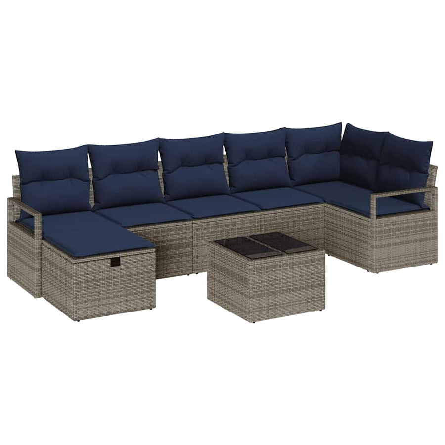 Bankstel met kussen 8 pcs Grijs en Marineblauw poly rattan