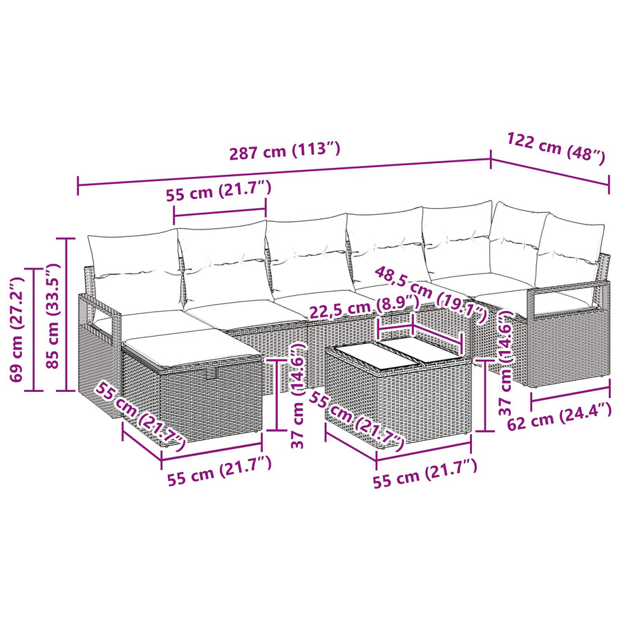 Bankstel met kussen 8 pcs Grijs en Marineblauw poly rattan
