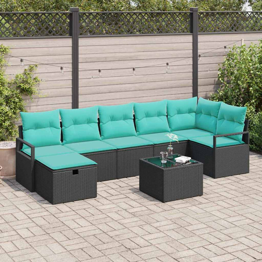 Bankstel met kussen 8 pcs Zwart en Turquoise poly rattan