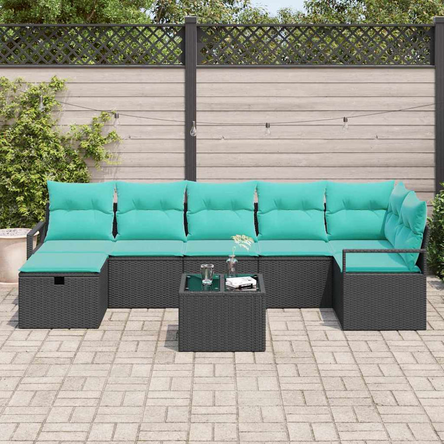 Bankstel met kussen 8 pcs Zwart en Turquoise poly rattan