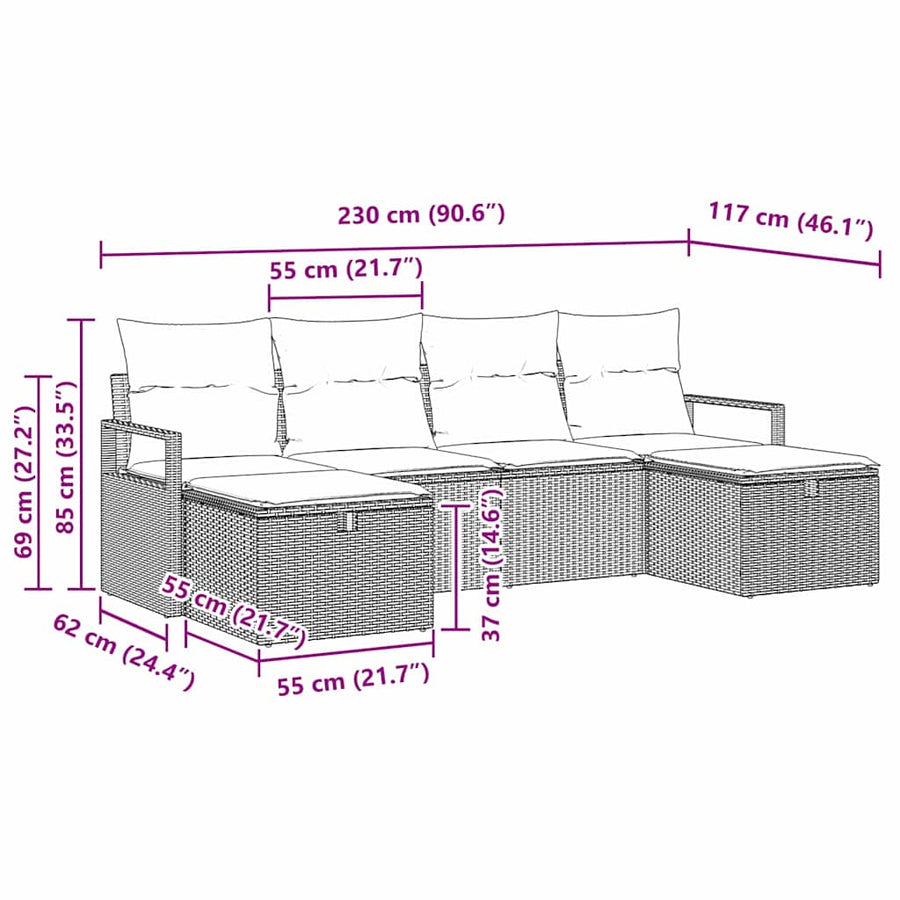 Bankstel Met Kussen Met Opslag 6 Pcs Poly Rattan Grijs Donkergrijs