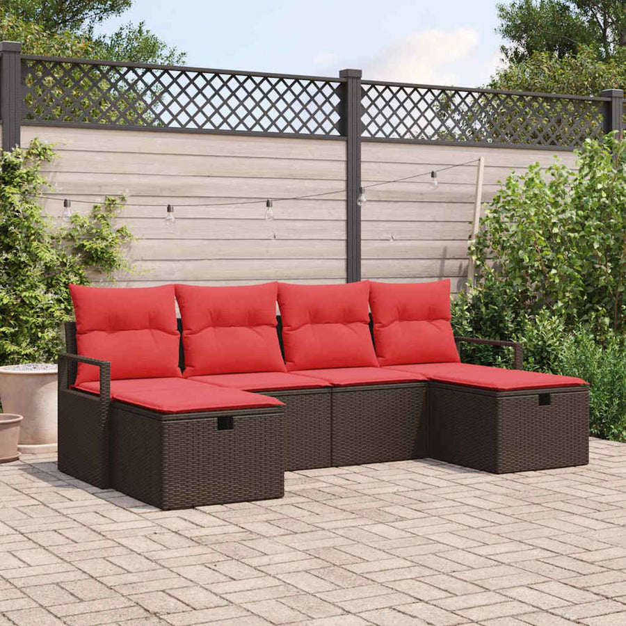 Bankstel met kussen met opslag 6 pcs Bruin en Rood poly rattan