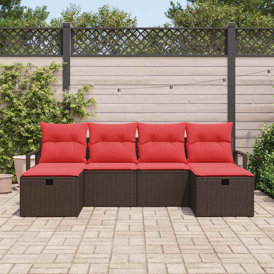 Bankstel met kussen met opslag 6 pcs Bruin en Rood poly rattan