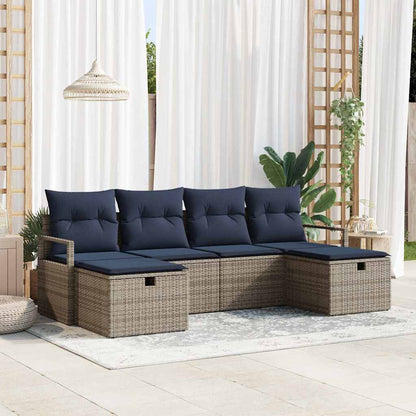 Bankstel met kussen 6 pcs Grijs en Marineblauw poly rattan