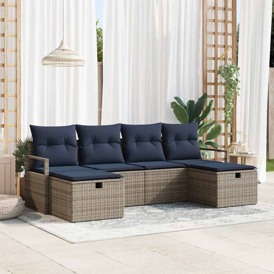 Bankstel met kussen 6 pcs Grijs en Marineblauw poly rattan
