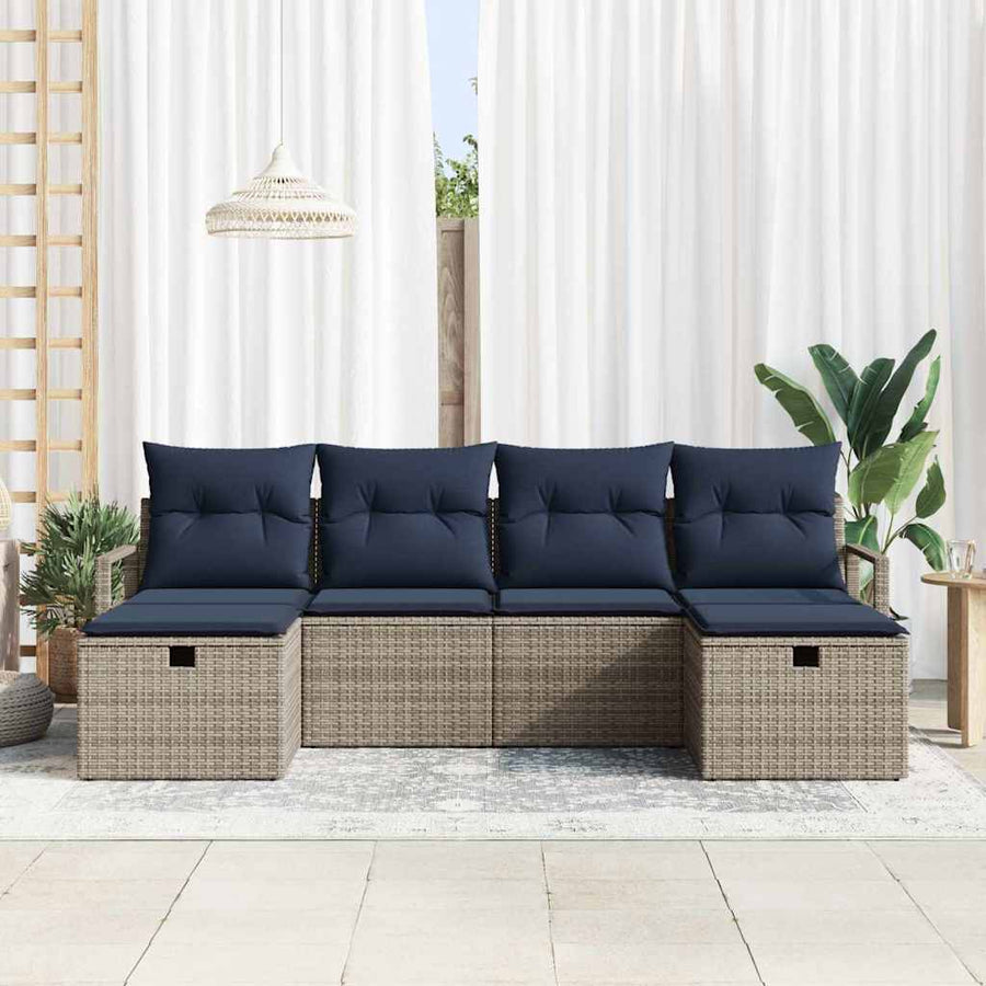 Bankstel met kussen 6 pcs Grijs en Marineblauw poly rattan
