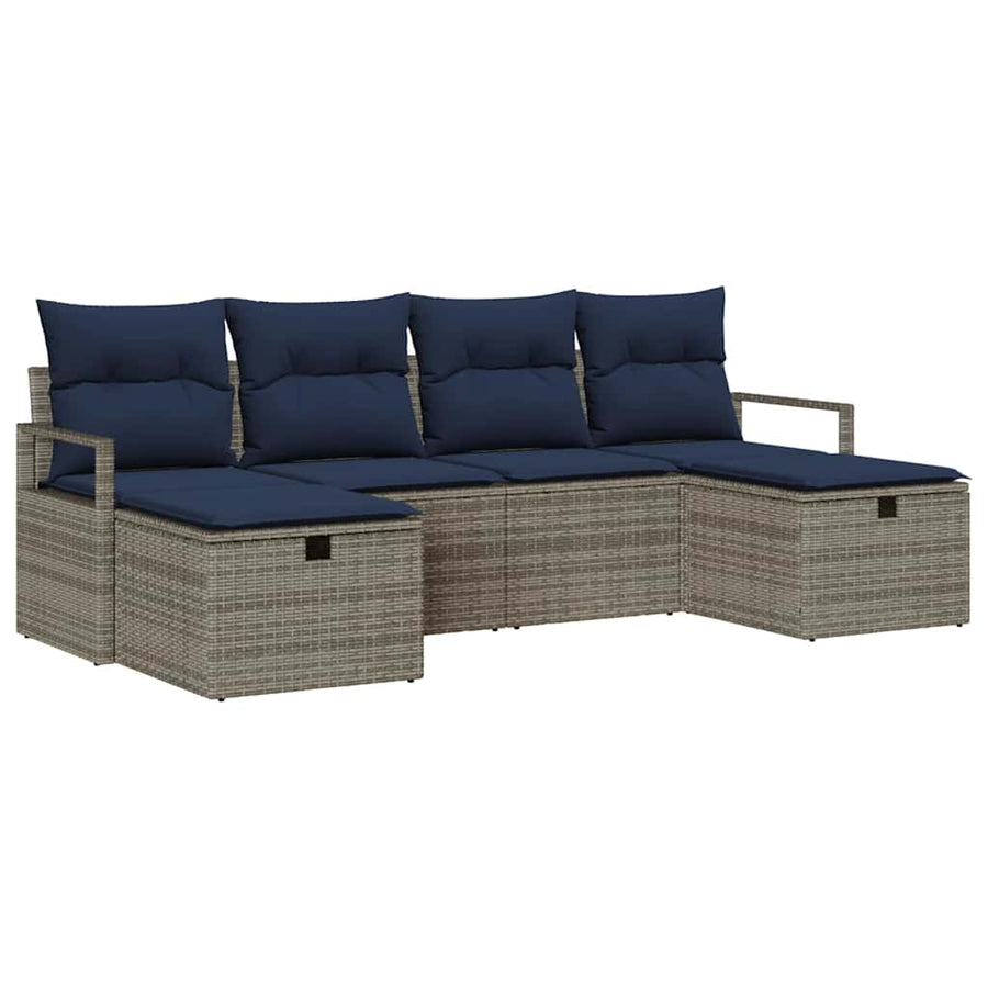 Bankstel met kussen 6 pcs Grijs en Marineblauw poly rattan