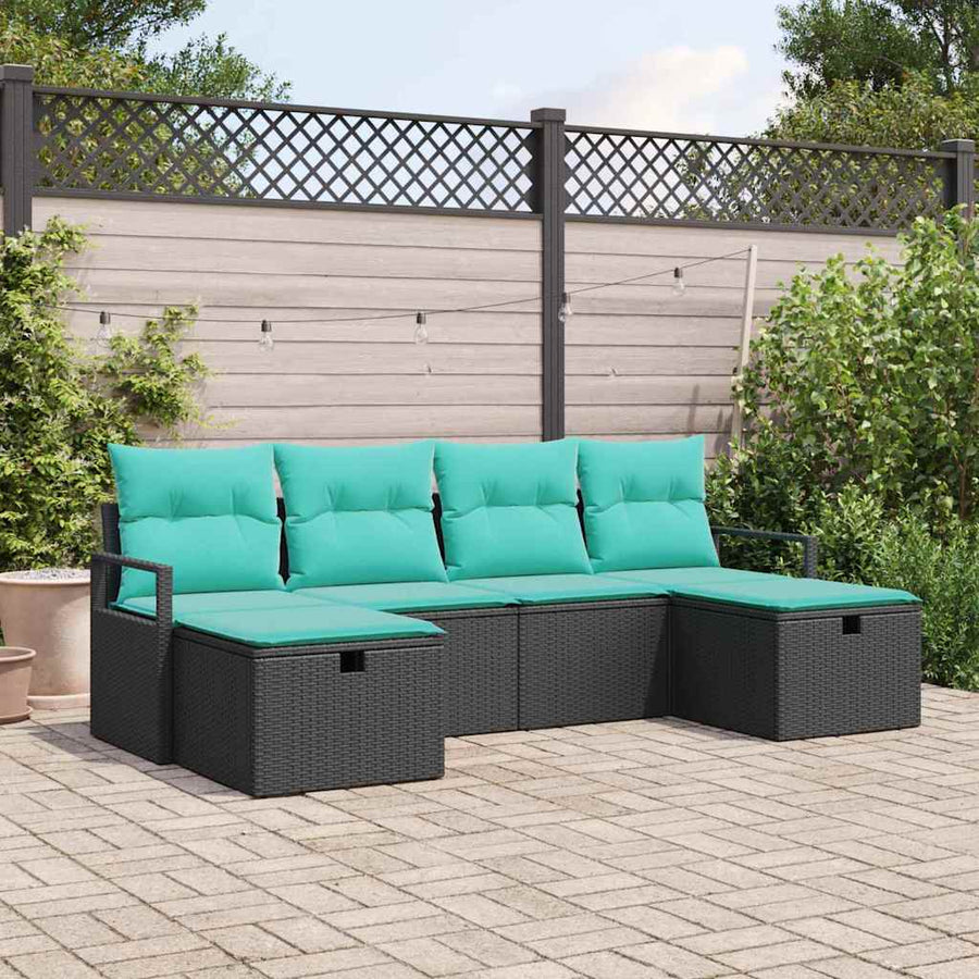 Bankstel met kussen 6 pcs Zwart en Turquoise poly rattan