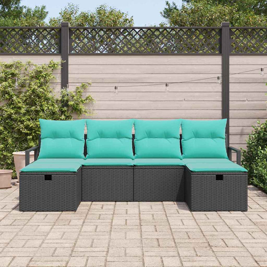 Bankstel met kussen 6 pcs Zwart en Turquoise poly rattan