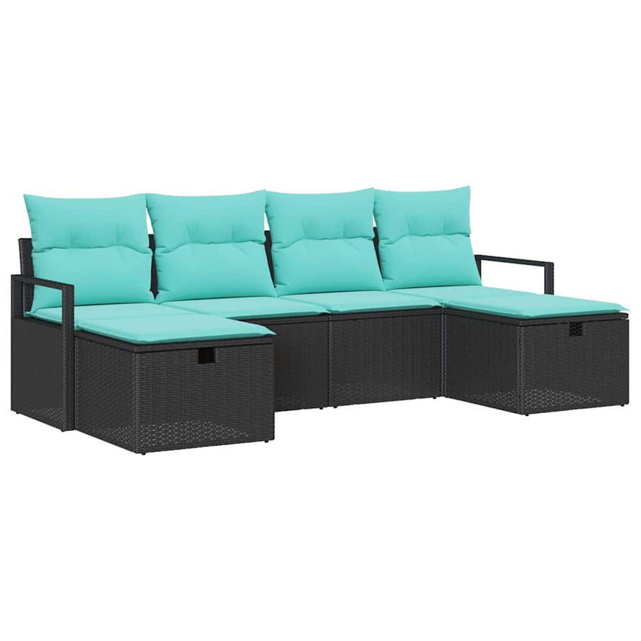 Bankstel met kussen 6 pcs Zwart en Turquoise poly rattan