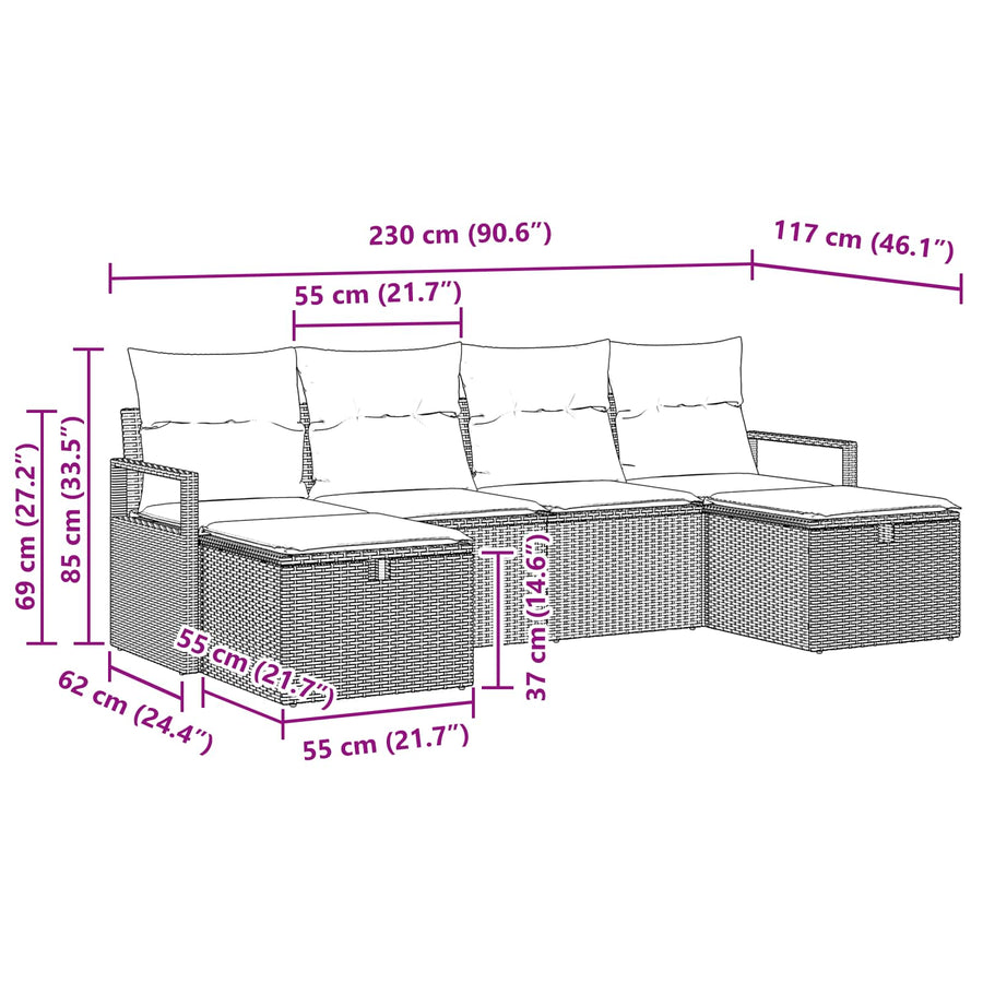 Bankstel met kussen 6 pcs Zwart en Turquoise poly rattan