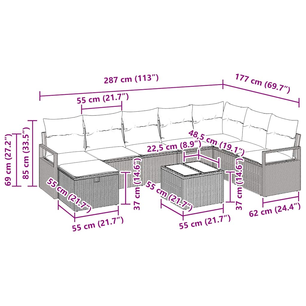 Bankstel met kussen met opslag 9 pcs Zwart en Crème poly rattan