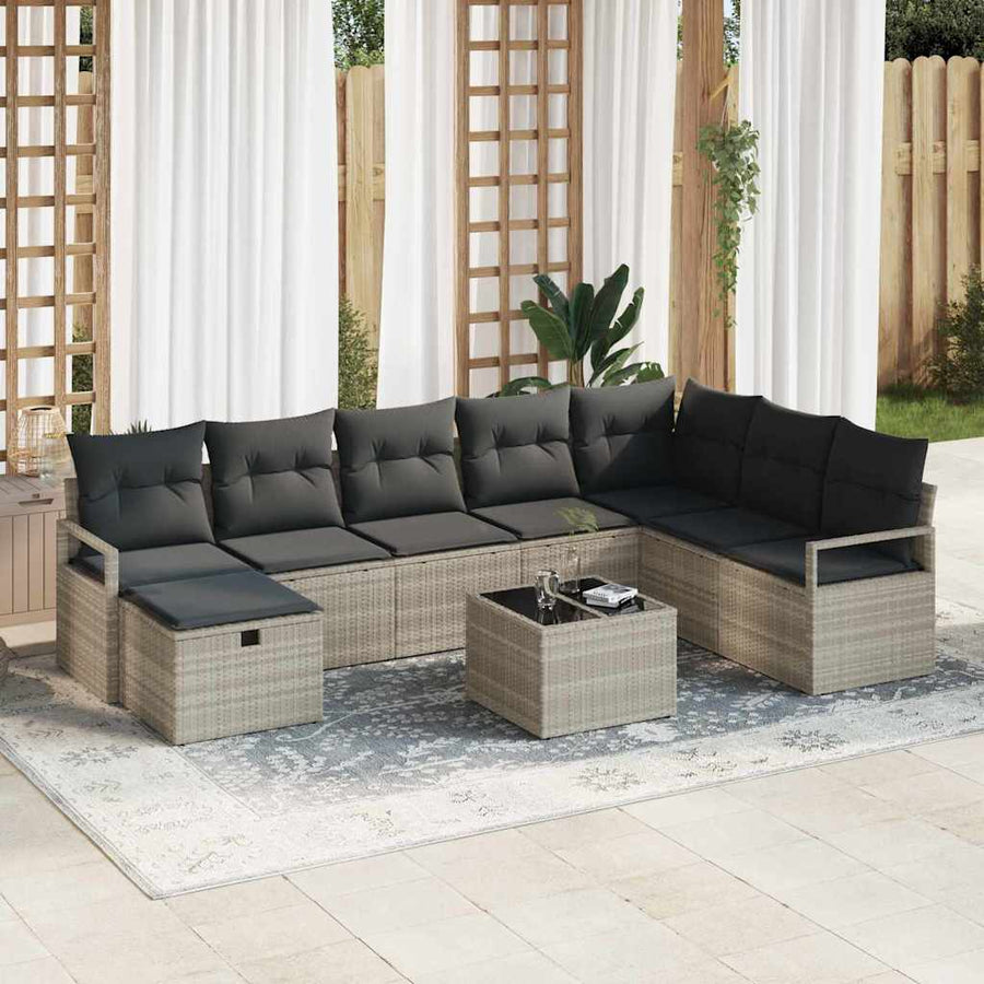 Bankstel met kussen met opslag 9 pcs Lichtgrijs poly rattan