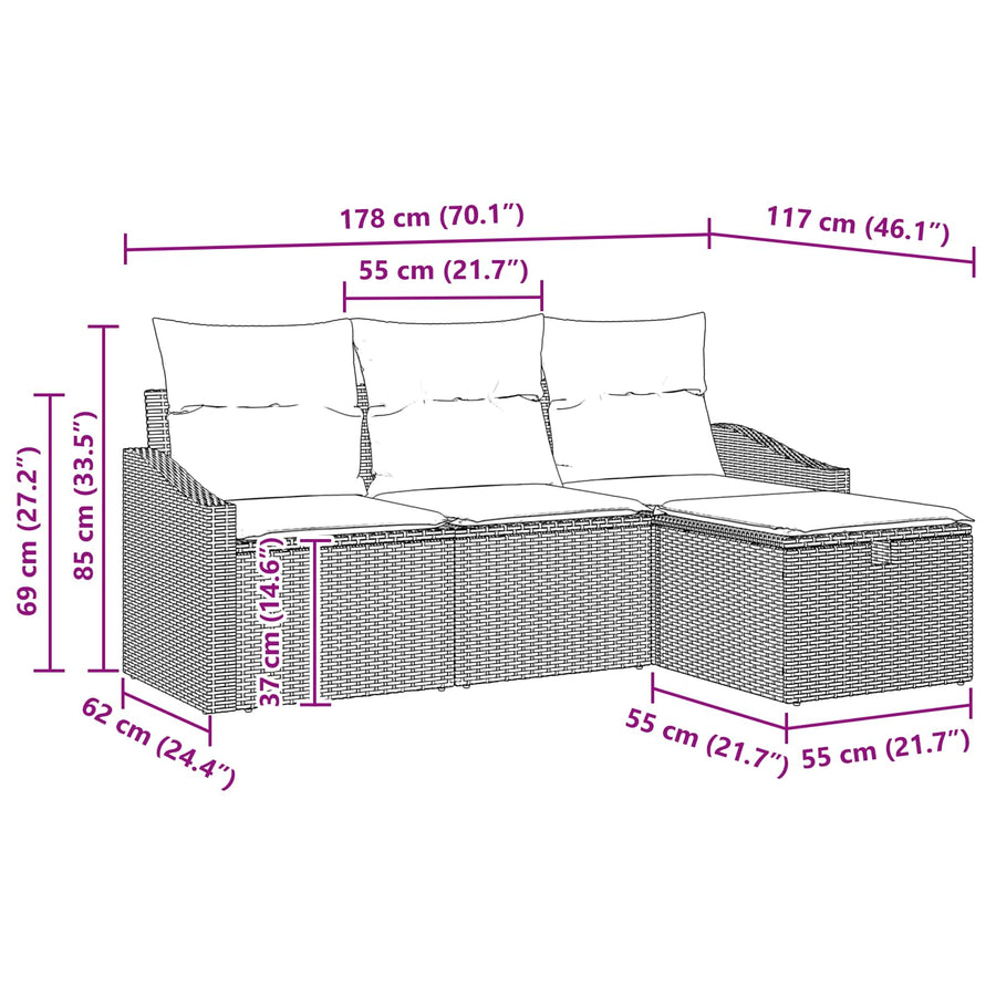 Bankstel met kussen met opslag 4 pcs Zwart Poly riet