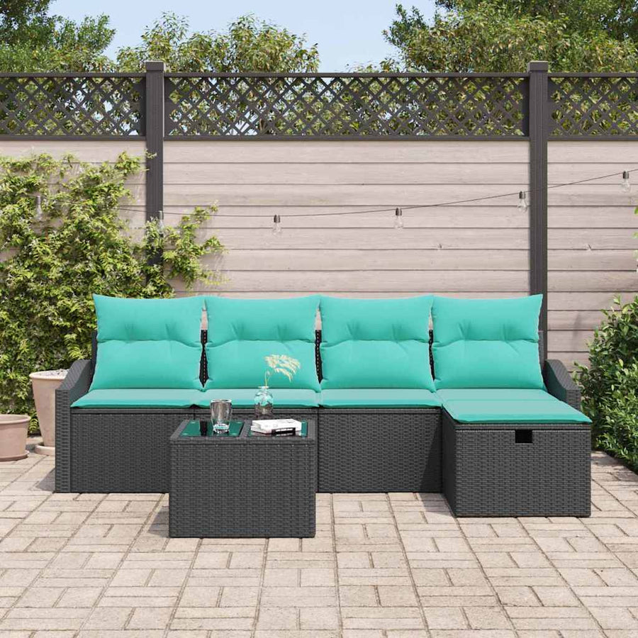 Bankstel met kussen met opslag 6 pcs Zwart poly rattan