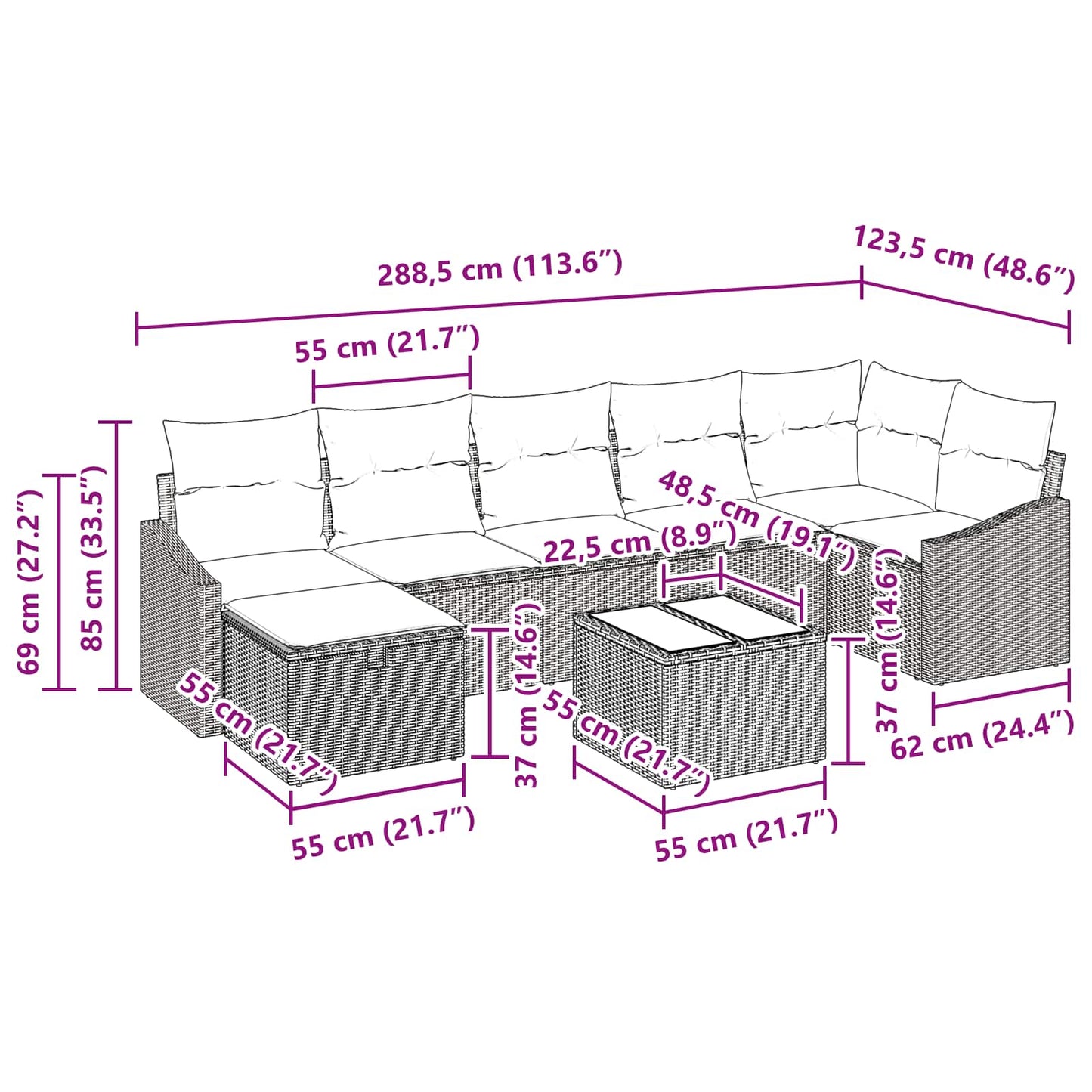 Bankstel met kussen met opslag 8 pcs poly rattan