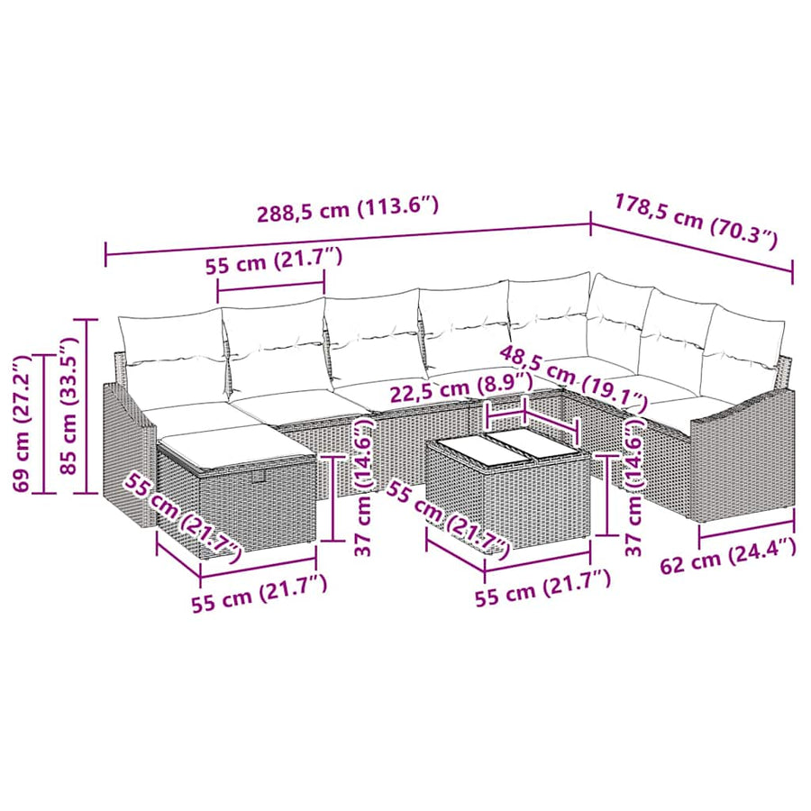 Tuin Sofa Set met kussen met opslag 9 pcs poly rattan