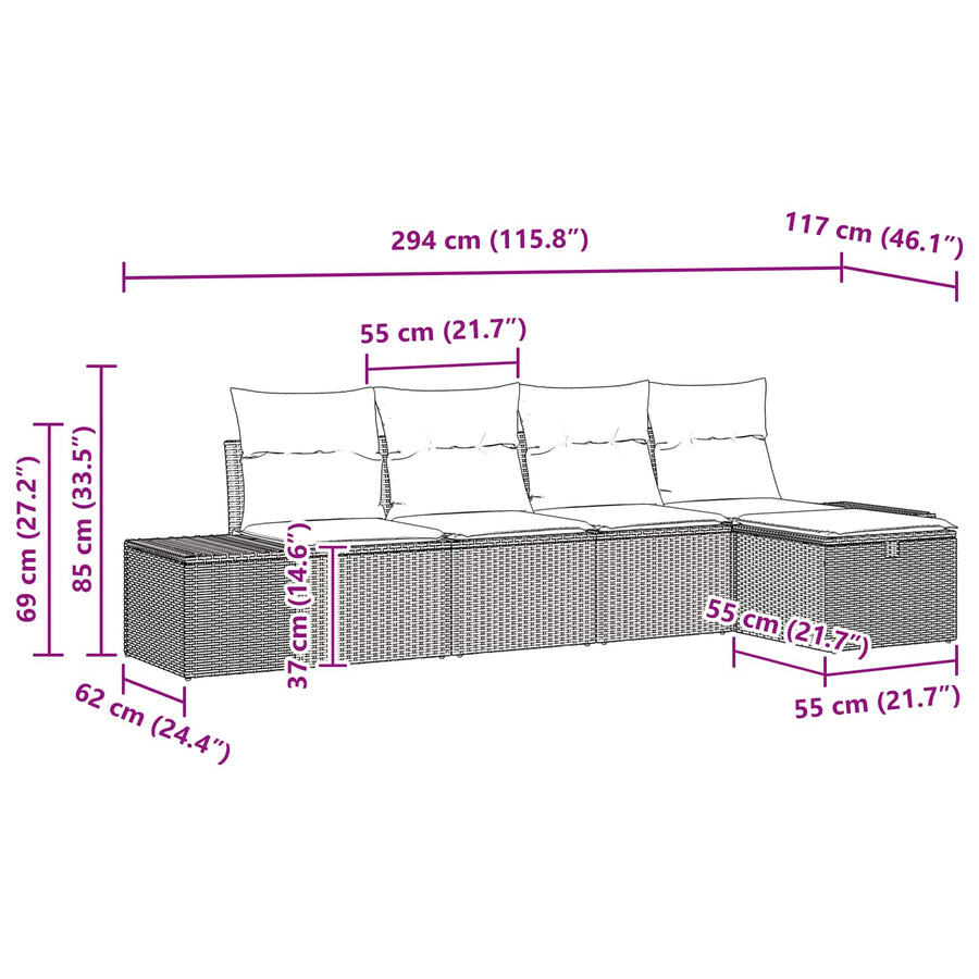 Tuin Sofa Set met kussen 5 pcs Bruin poly rattan