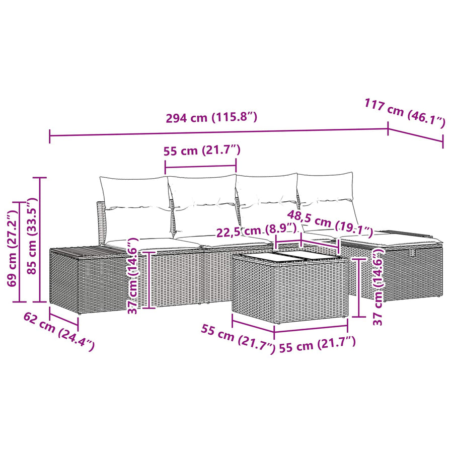 Tuin Sofa Set met kussen 6 pcs Zwart Poly riet