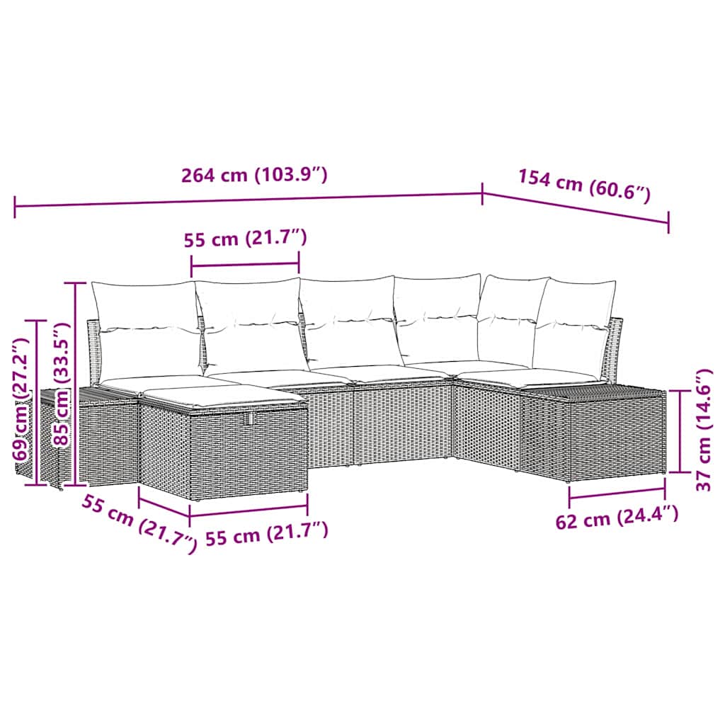 Tuin Sofa Set met kussen 6 pcs Zwart poly rattan