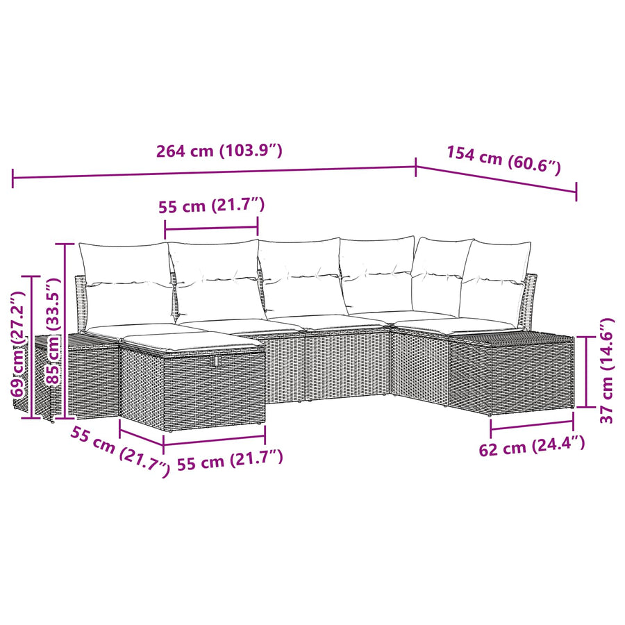 Tuin Sofa Set met kussen 6 pcs Bruin poly rattan