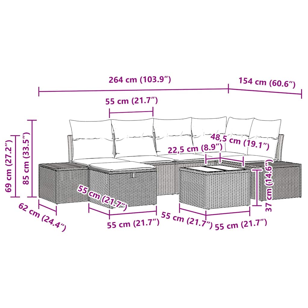 Tuin Sofa Set met kussen 7 pcs Zwart poly rattan