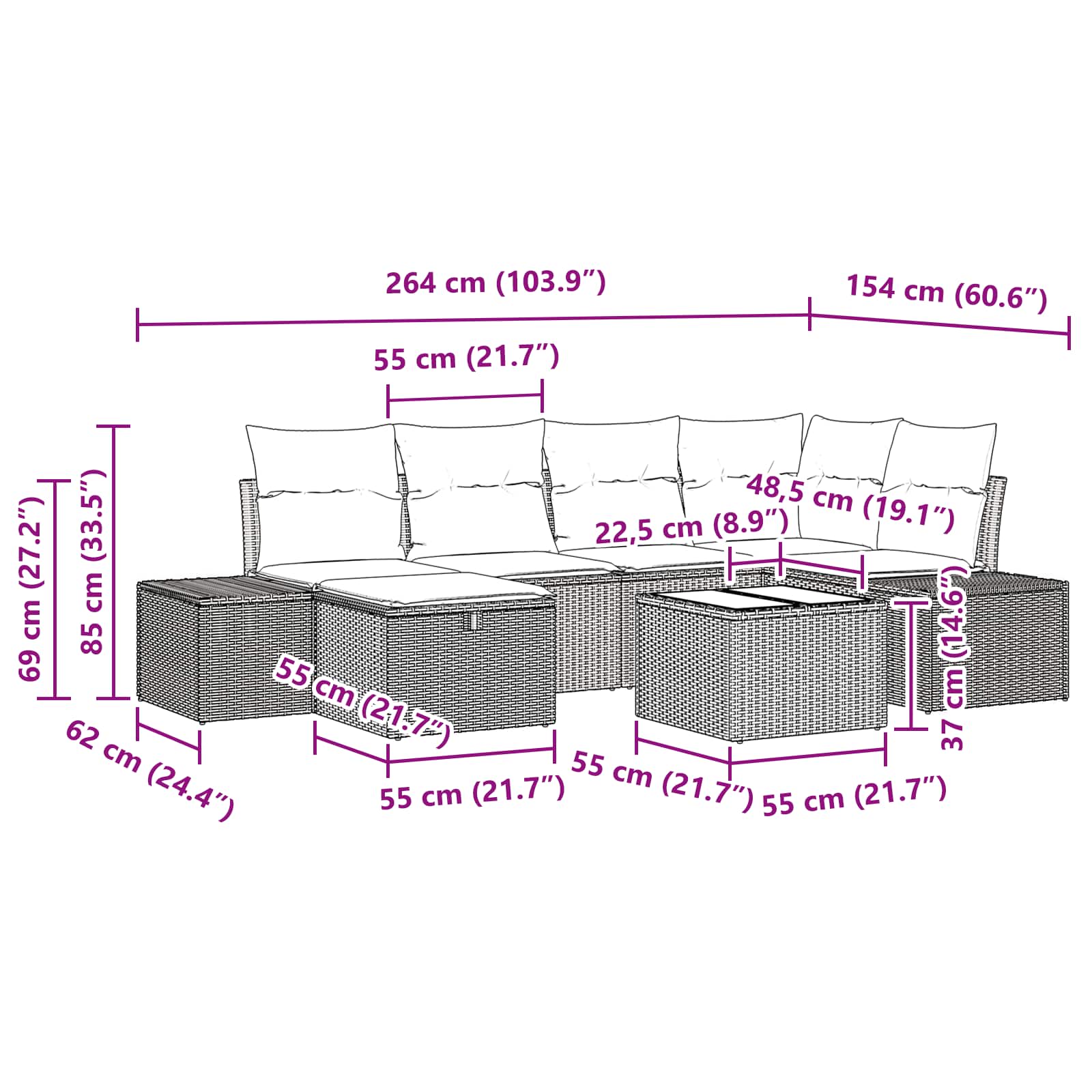 Tuin Sofa Set met kussen 7 pcs Bruin poly rattan