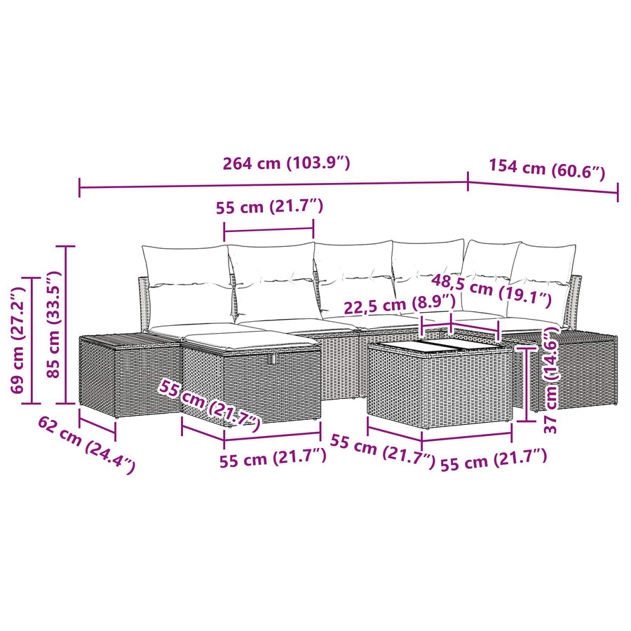 Tuin Sofa Set met kussen 7 pcs Bruin poly rattan