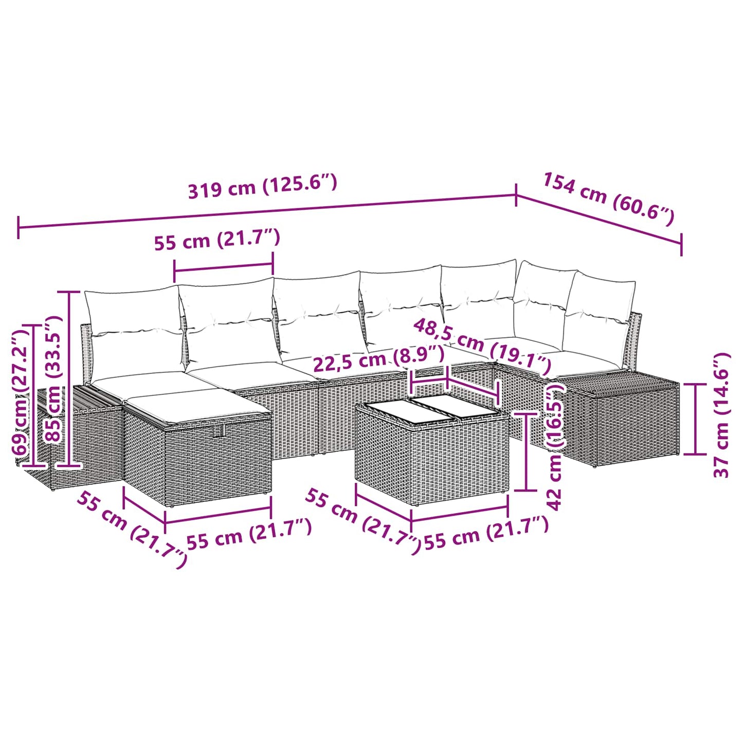Tuin Sofa Set met kussen 8 pcs Bruin poly rattan