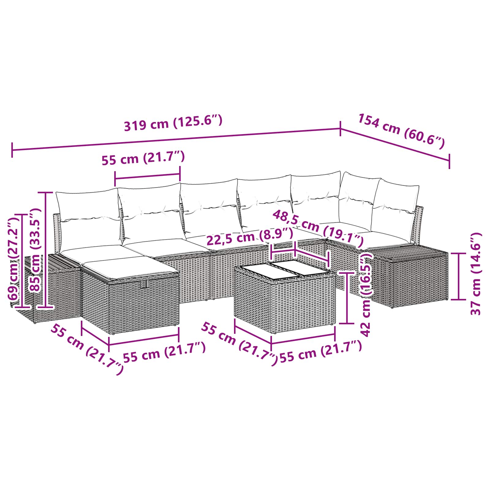 Tuin Sofa Set met kussen 8 pcs Bruin poly rattan
