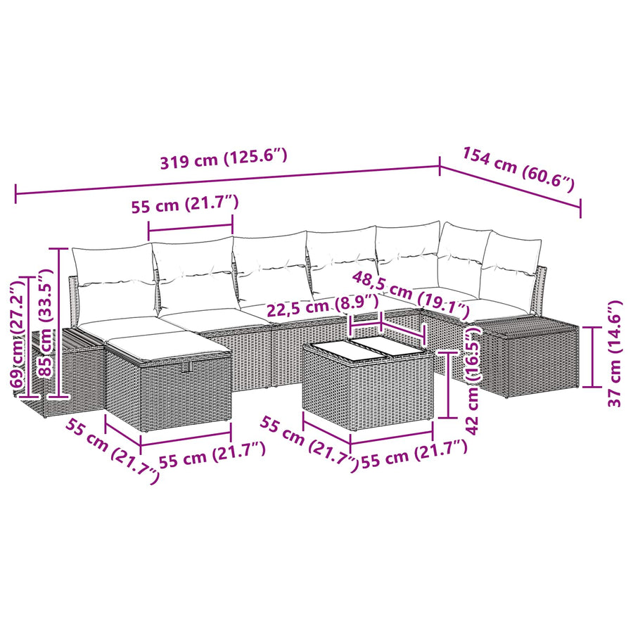 Tuin Sofa Set met kussen 8 pcs Zwart poly rattan