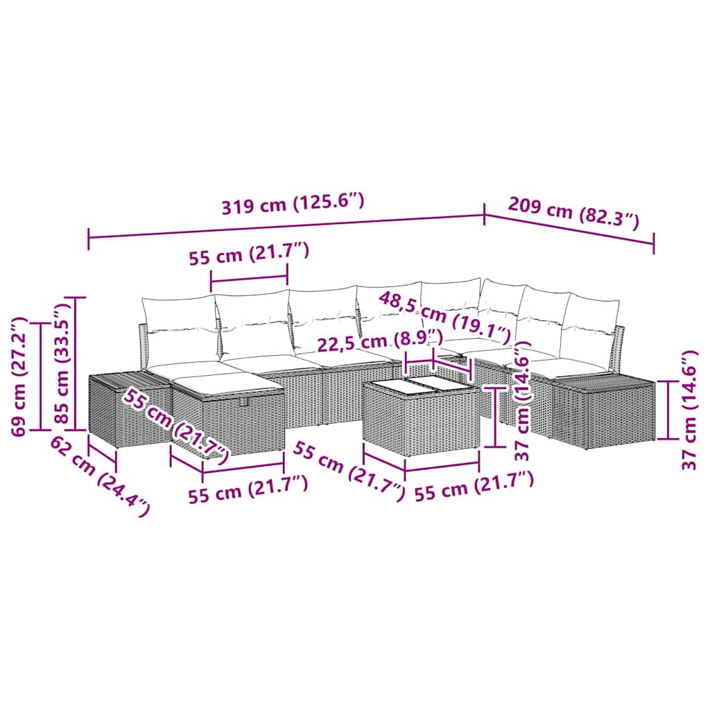 Tuin Sofa Set met kussen 9 pcs Zwart poly rattan
