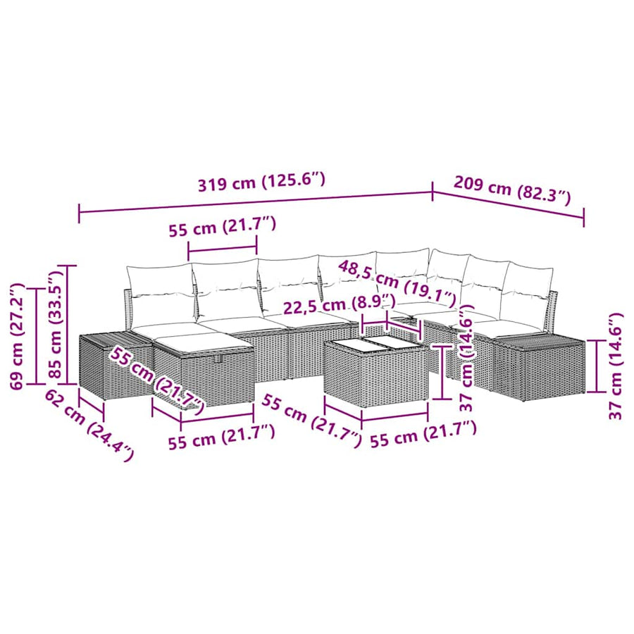 Tuin Sofa Set met kussen 9 pcs Zwart poly rattan