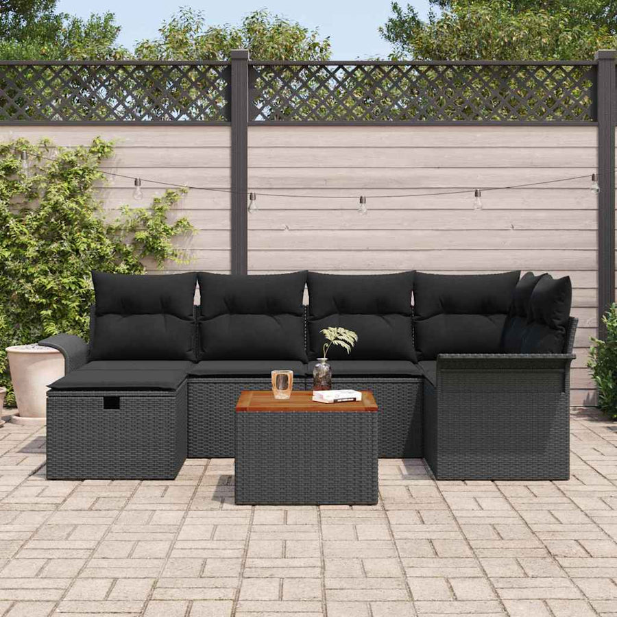 Tuinbankenset met kussen met opslag 7 pcs Zwart poly rattan