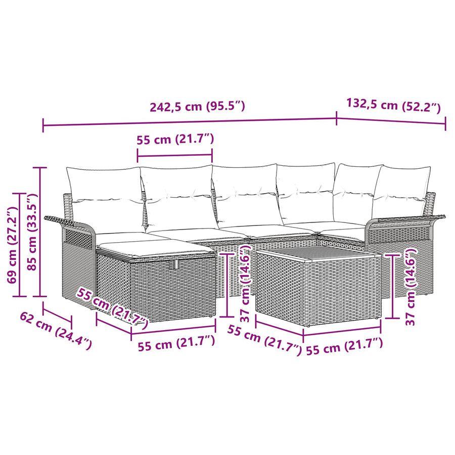 Tuinbankenset met kussen met opslag 7 pcs Grijs poly rattan