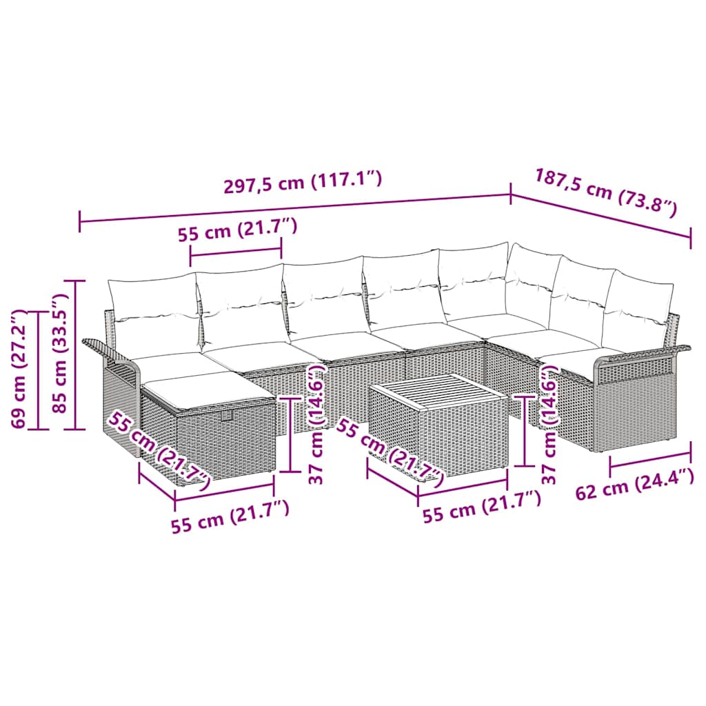 Tuinbankenset met kussen met opslag 9 pcs Zwart poly rattan