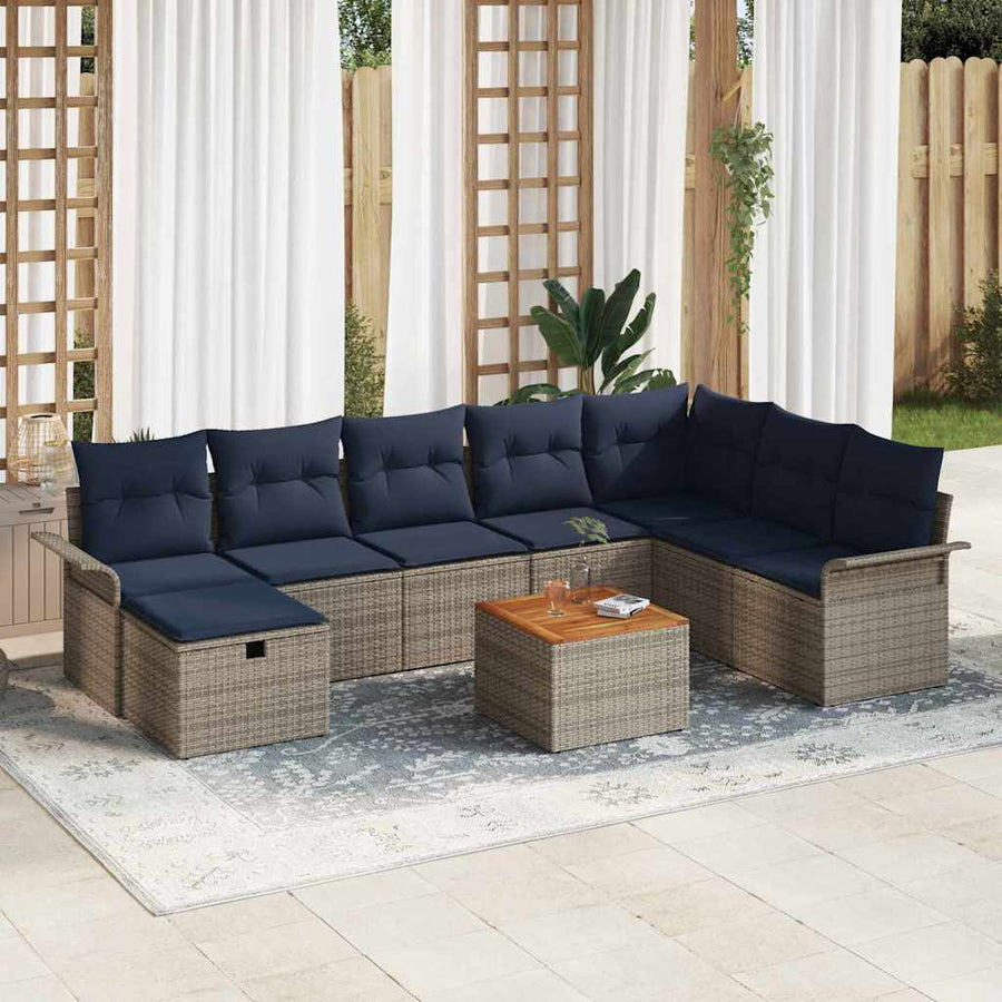 Tuinbankenset met kussen met opslag 9 pcs Grijs poly rattan