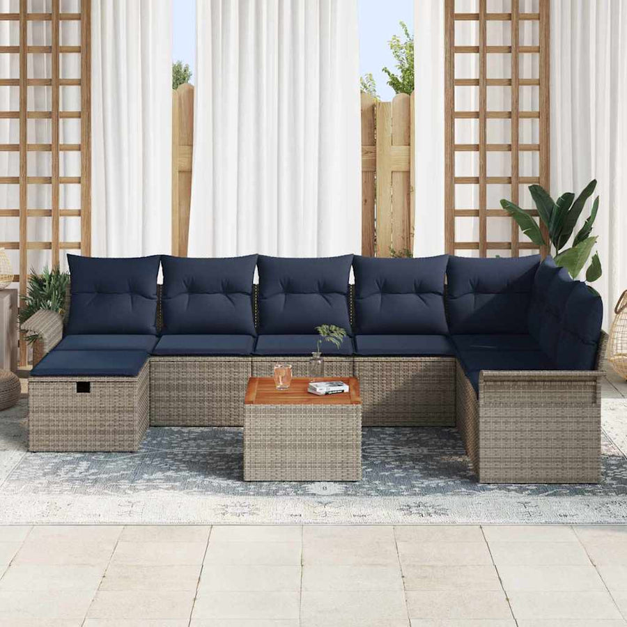 Tuinbankenset met kussen met opslag 9 pcs Grijs poly rattan