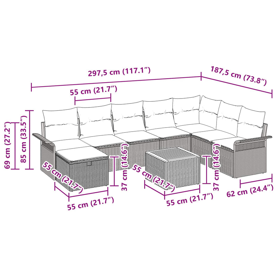 Tuinbankenset met kussen met opslag 9 pcs Grijs poly rattan
