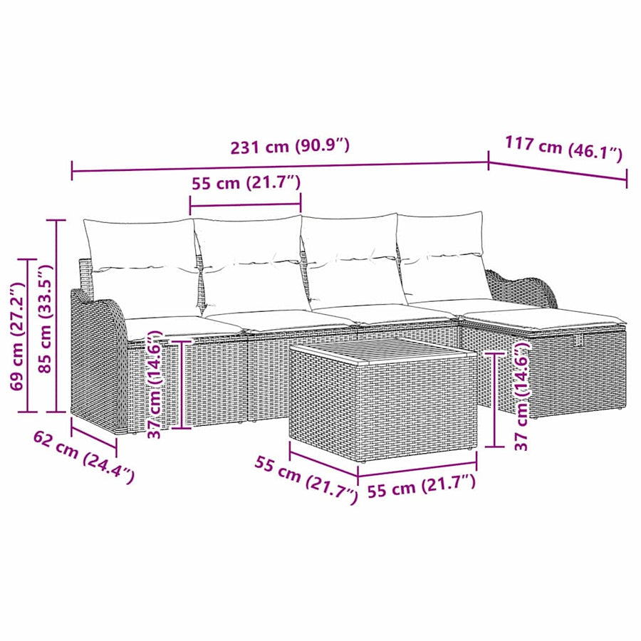 Tuinbankenset met kussen met opslag 6 pcs Zwart poly rattan