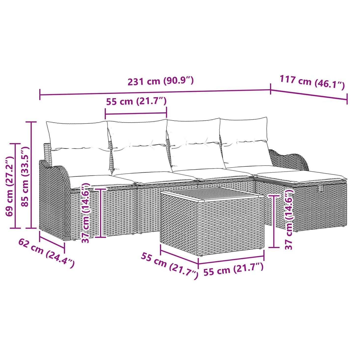 Tuinbankenset 6 st Grijs poly rattan