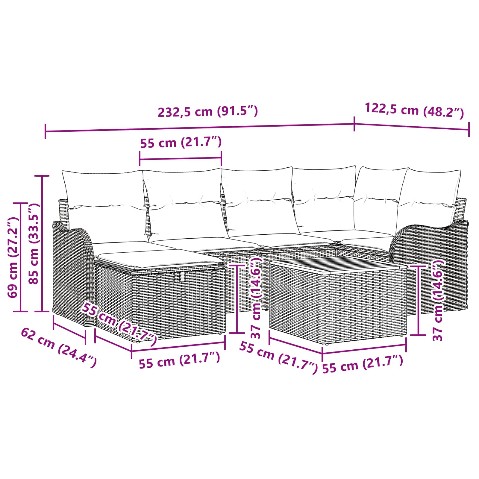 Tuinbankenset 7 st Grijs poly rattan
