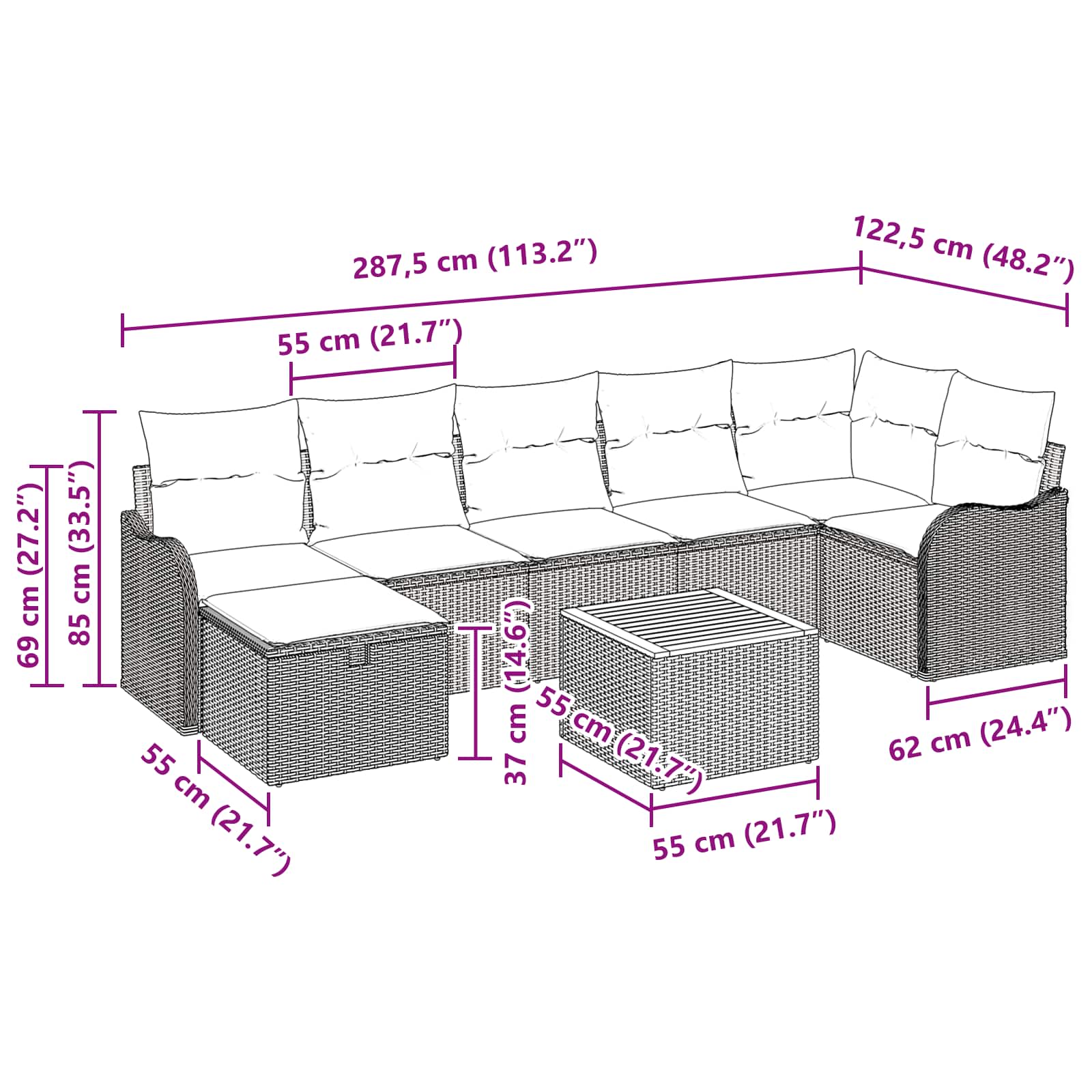 Tuinbankenset 8 st Grijs poly rattan