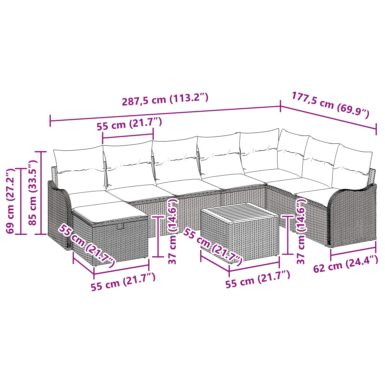 Tuinbankenset 9 st Grijs poly rattan