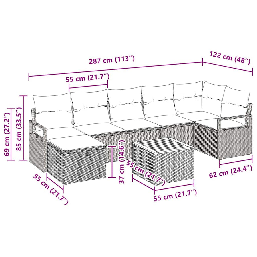 Tuinbankenset met kussen met opslag 8 pcs Zwart poly rattan