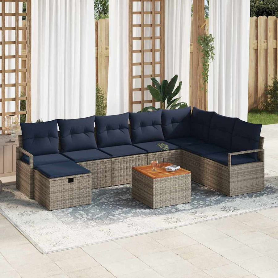 Tuinbankenset met kussen met opslag 9 pcs Grijs poly rattan
