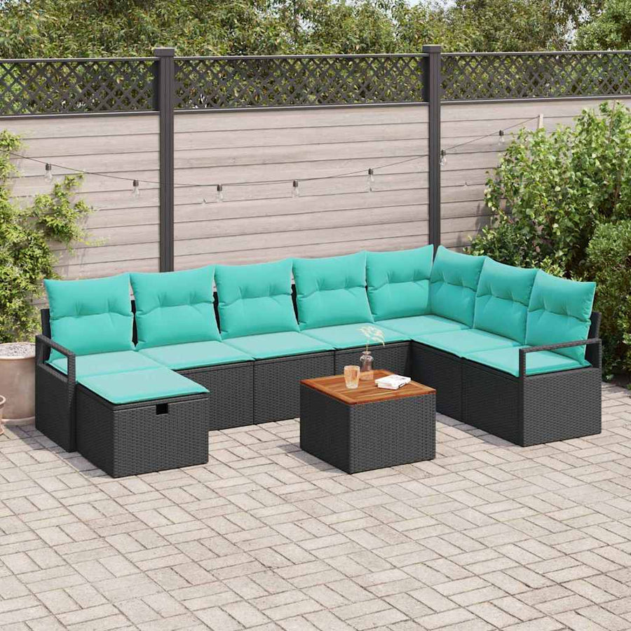 Tuinbankenset met kussen met opslag 9 pcs Zwart poly rattan
