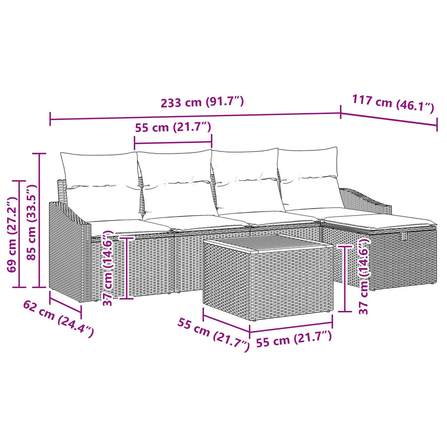 Tuinbankenset met kussen met opslag 6 pcs Zwart poly rattan