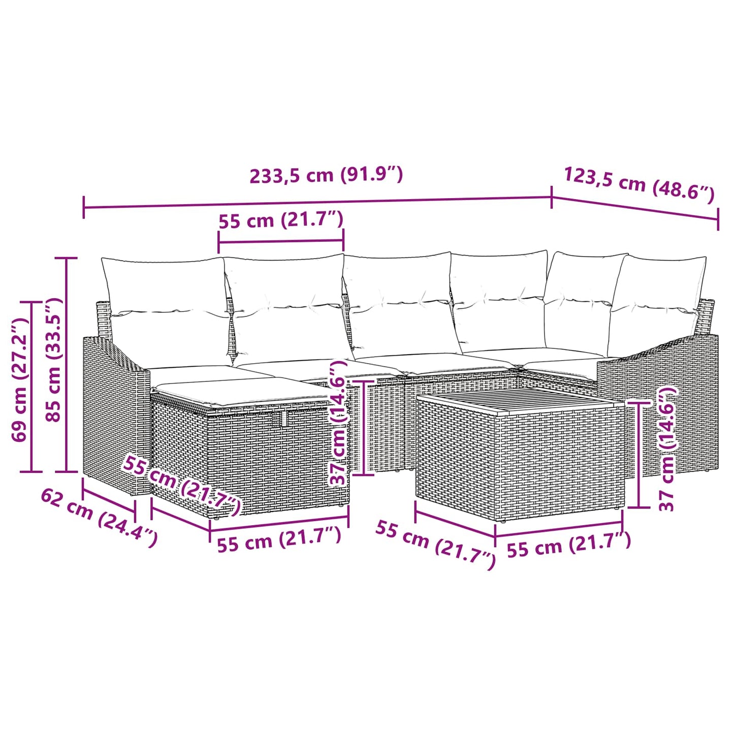 Tuinbankenset met kussen met opslag 7 pcs Zwart poly rattan