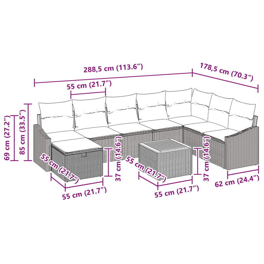 Tuinbankenset met kussen met opslag 9 pcs Zwart poly rattan
